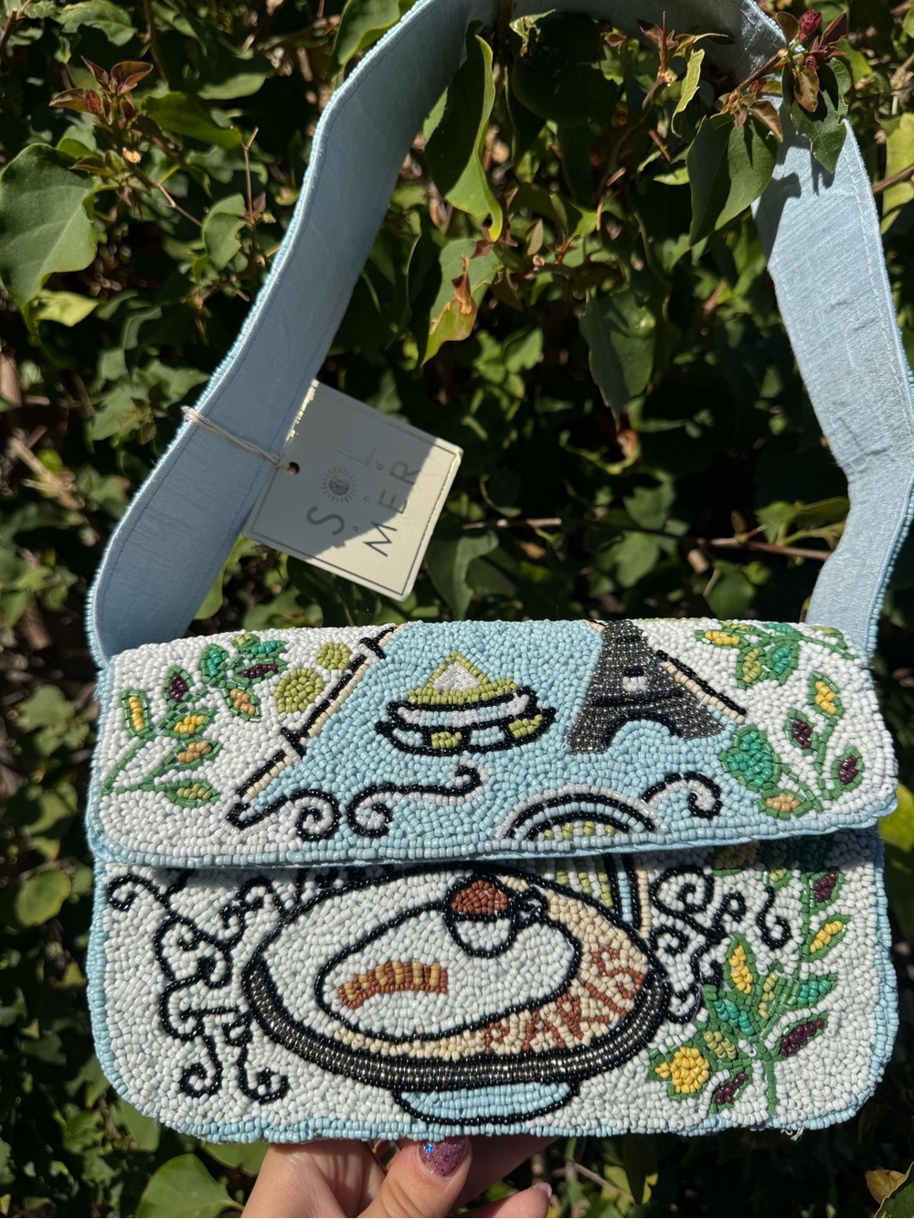 NWT Sol and Mer Paris Cafe Eiffel Tower Scene Blue Beaded Shoulder Bag